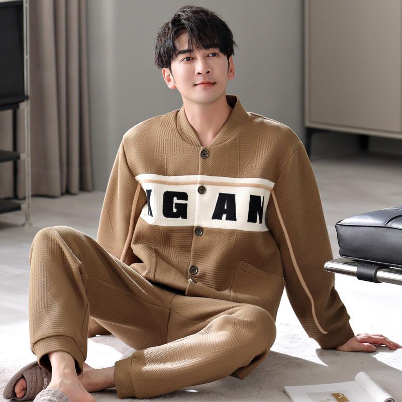 Pajamas Men'S Spring And Autumn Pure Cotton Thickened Long Sleeve Large Size Padded Cotton Air Cotton Interlayer Autumn And Winter Loungewear Set