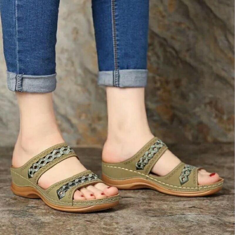 Fashion New Women Summer Solid Color Slip On Casual Open Toe Wedges Soft Bottom Breathable Slippers Shoes Sandals