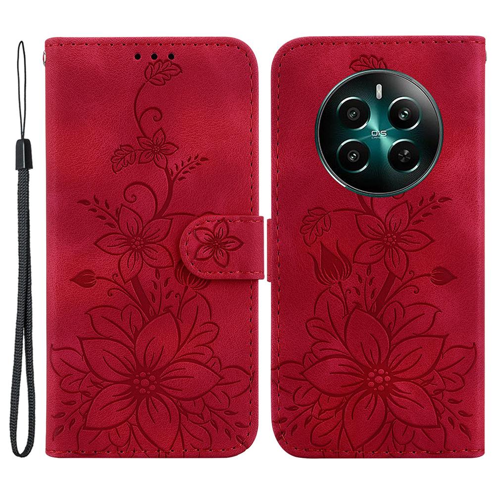 Etui dla Realme 12 4G/12+ 5G/Narzo 70 Pro 5G PU Skóra Uchwyt na Karty Wytłaczany Kwiat Pokrowiec na Telefon