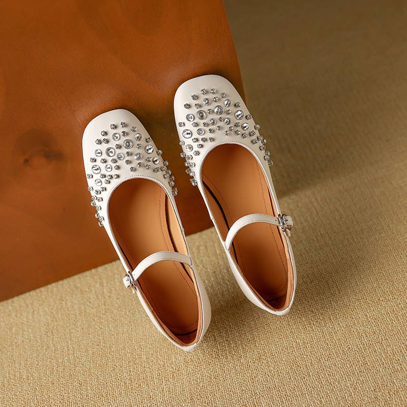 Krazing Pot Sheepskin Summer Autumn Size 40 Low Heels Crystal-studded Mary Janes Square Toe Gladiator Shallow Pumps