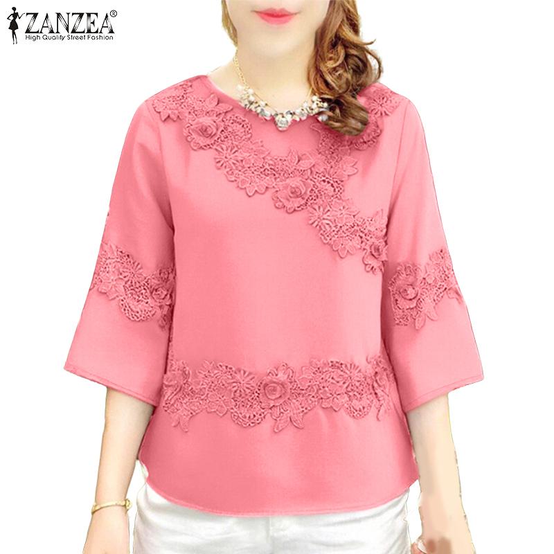 ZANZEA Women Casual Round Neck 3/4 Sleeve Summer Patchwork Blouse