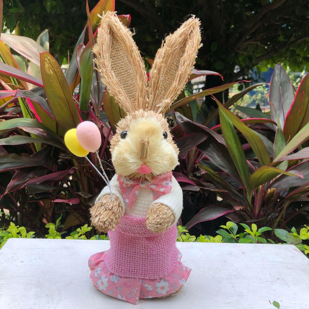 Easter Rabbit Decoration Straw Rabbit Ornament Creative Artificial Bunny Figure 25cm Home Holiday Cute with Flower Wreath