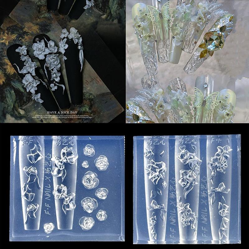 3D Silicone Bow Flower Nail Carving Mold Butterfly Rose Floral Design Transparent Template Diy Nail Art Decoration Manicure Tool