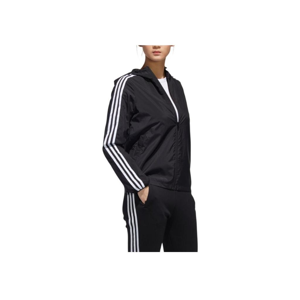 Adidas Gestreifte Freizeit-Kapuzenjacke mit doppelter Tasche für Damen Oberbekleidung Schwarz GF0188