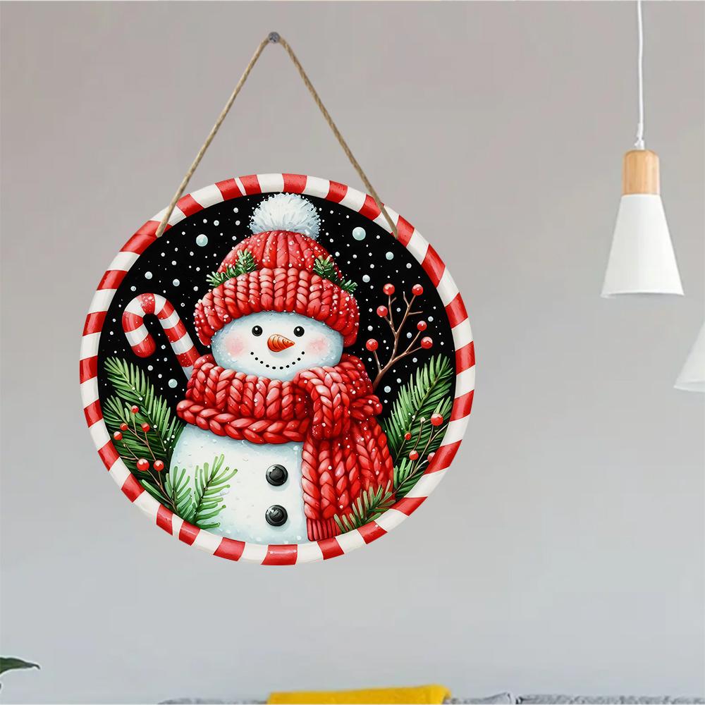 Snowman Pattern Winter Holiday Wall Art Round Wooden Hanging Plaque Seasonal Farmhouse Decor Porch Door Sign Christmas Home Party Ornament