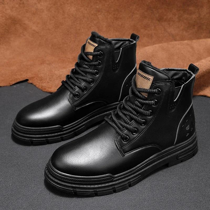 Fashion Men's Biker Boots Trendy All-match Leather Casual High Top British Shoes Keep Warm Popular Motorcycle Lace-up Water Proof Boot