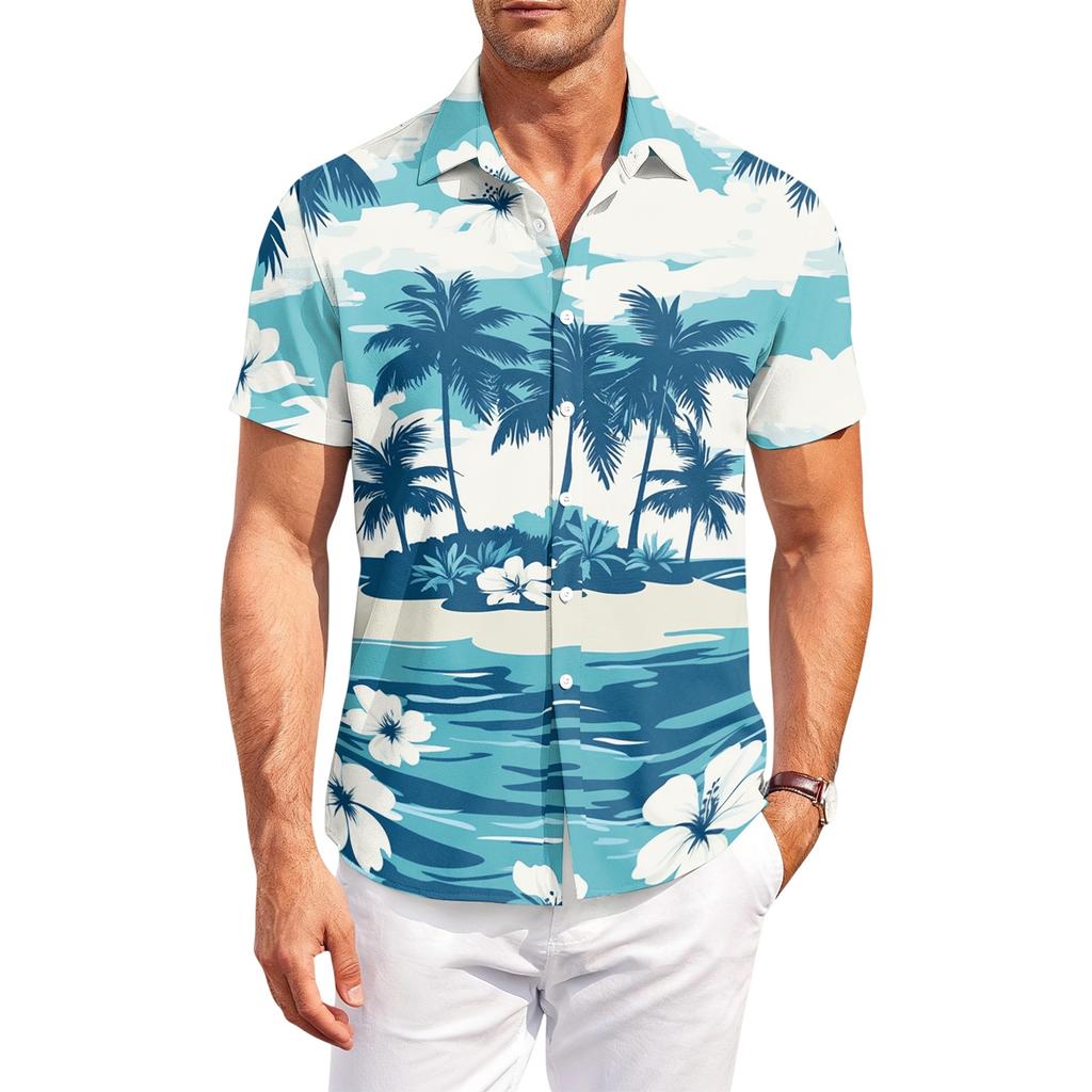 Men’s Casual Short Sleeve Collared Shirt with Floral Print for Outdoor and Wear Lightweight Comfortable Fit