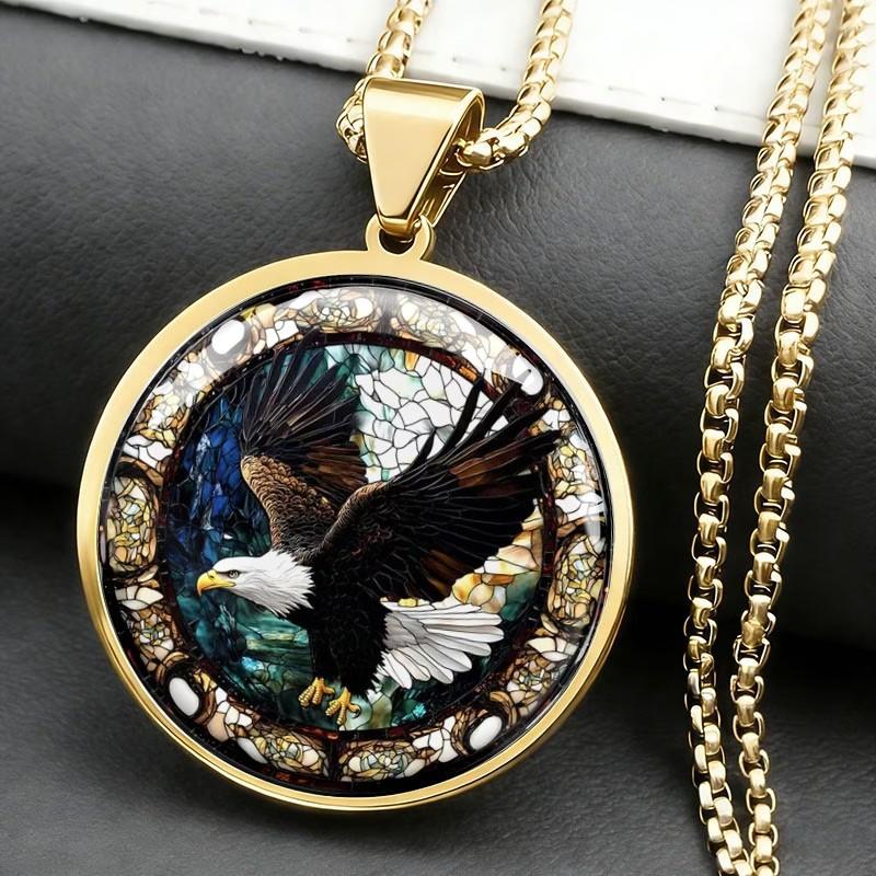 Men's Stained Glass Style Spread-winged Bald Eagle Trendy Men's Jewelry Fashion Necklace Pendant
