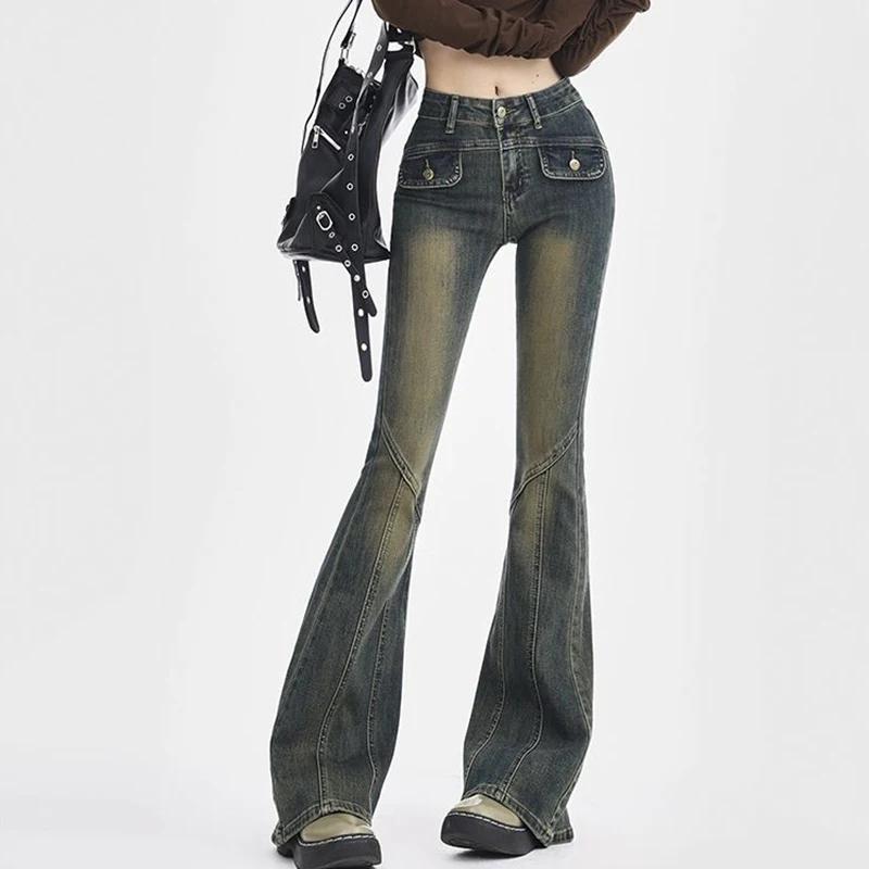 İlkbahar ve Sonbahar Kadın Yüksek Bel Lastikli Geniş Paça Kot Kadın Vintage Slim Fit Flare Pantolon Bayan Kot Pantolon