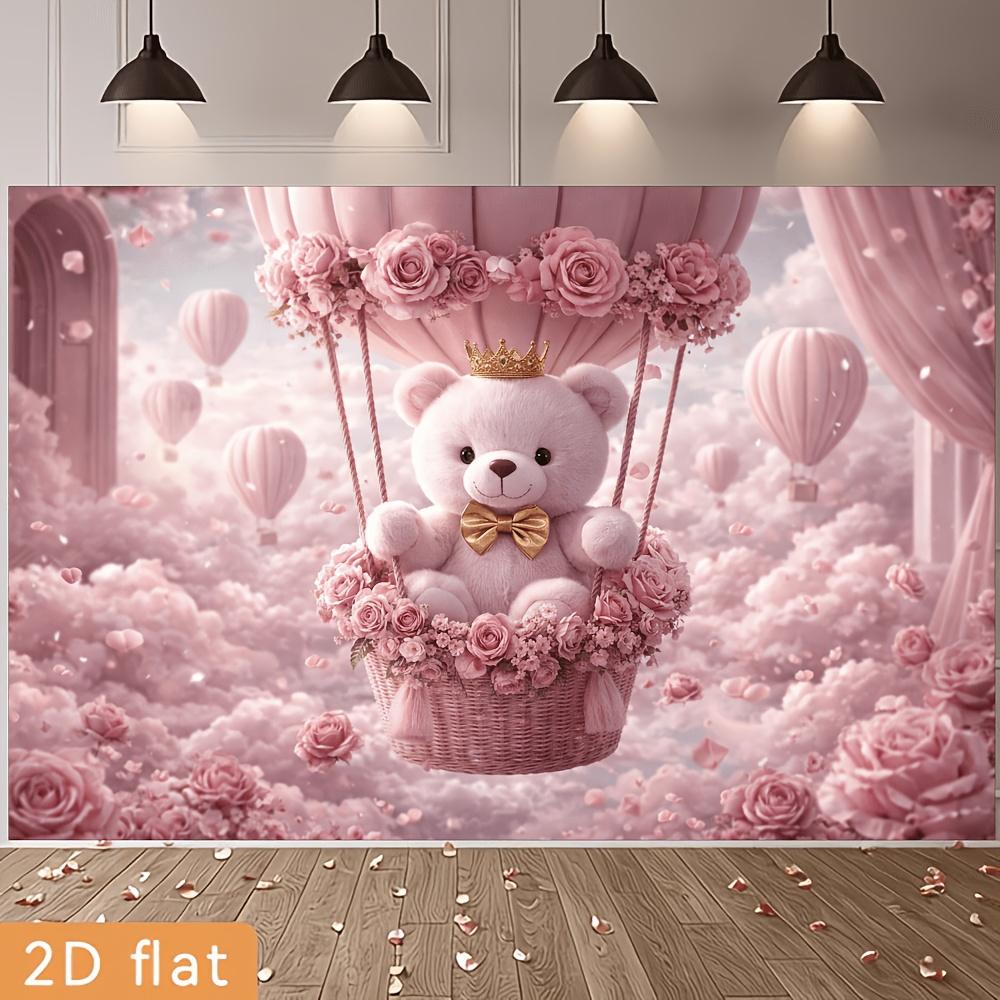 1Pcs Pink Teddy Bear Hot Air Balloon Decoration Background Backdrop For Photo Studio Photo Booth Party