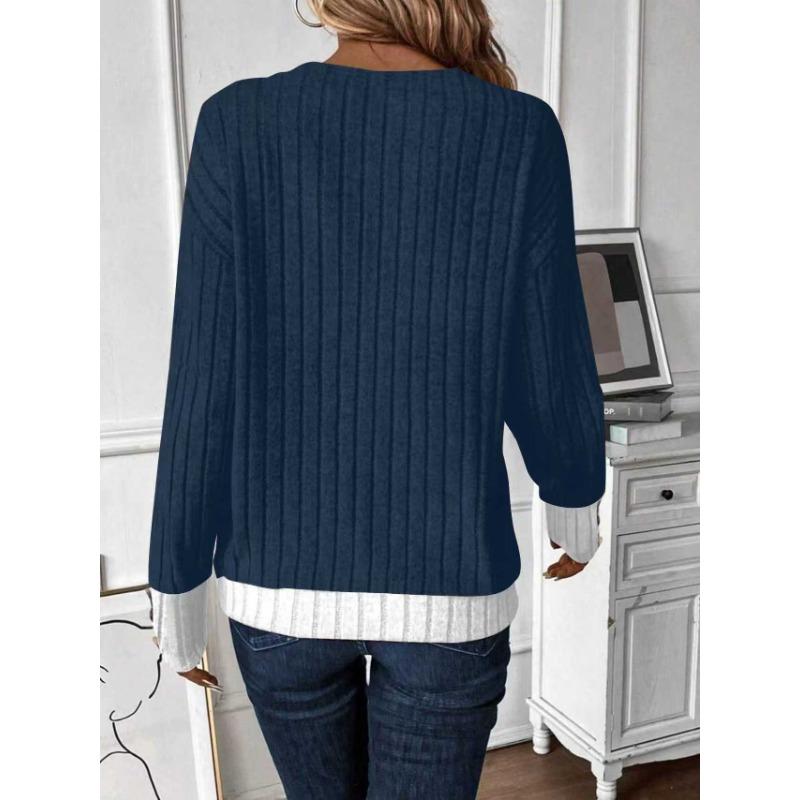 Women S Casual V Neck Solid Color Long Sleeve T Shirt With Splice