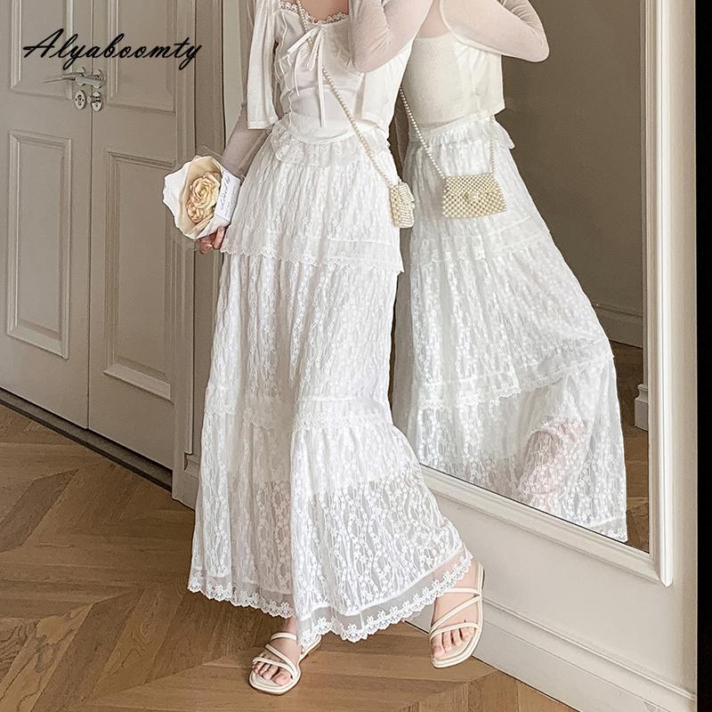 Fairycore Autumn Winter Women White Maxi Long Lace Skirt Elastic Waist Floral Embroidery Delicate Skirt Elegant Feminine Ladies' Basic Skirts