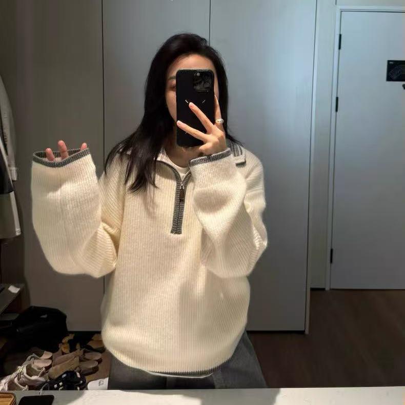 Women's Korean Style Color Block Wool Sweater - Loose Fit Half-Zip Knitwear for Autumn/Winter