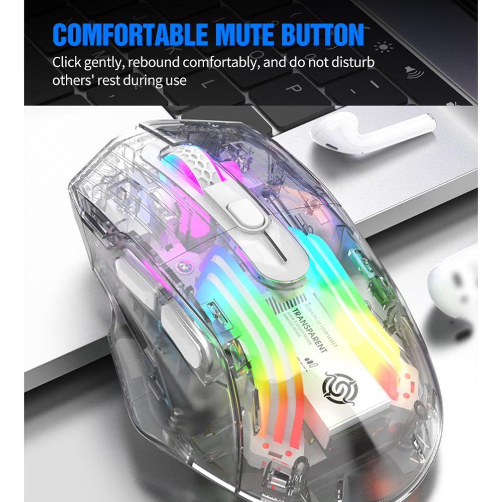 Docooler Wireless Gaming Mouse, Transparent Crystal Shell, 3 Modes (USB Wired + 2.4G Wireless + Bluetooth), 3600DPI Adjustable eSports Mouse,