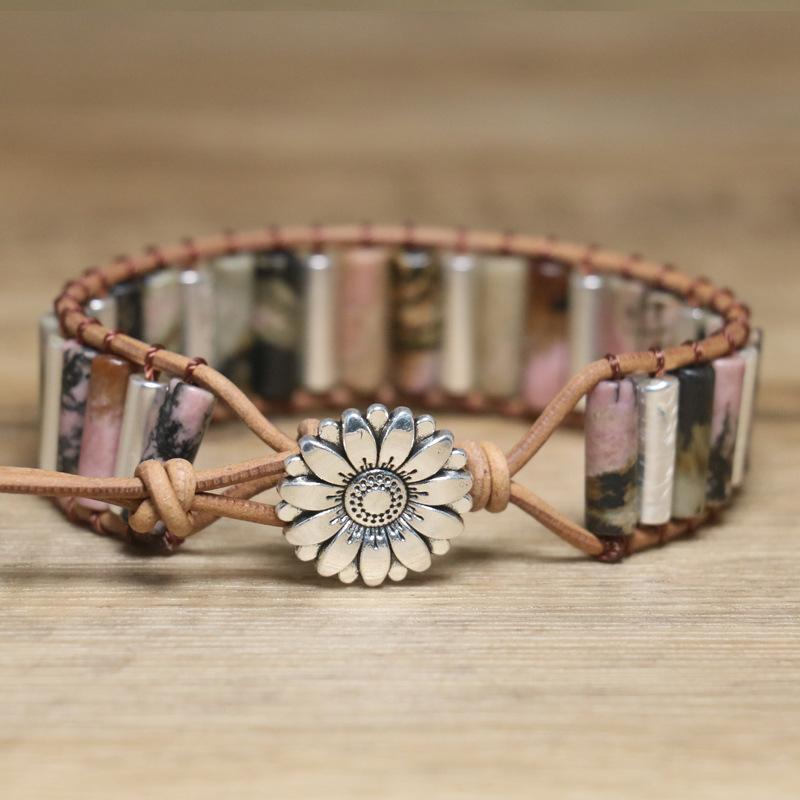 Rhodonite Mixed Stone Tube Wrap Bracelet – Silver Accent Leather Boho Jewelry, Love Grounding Gift for Men Women