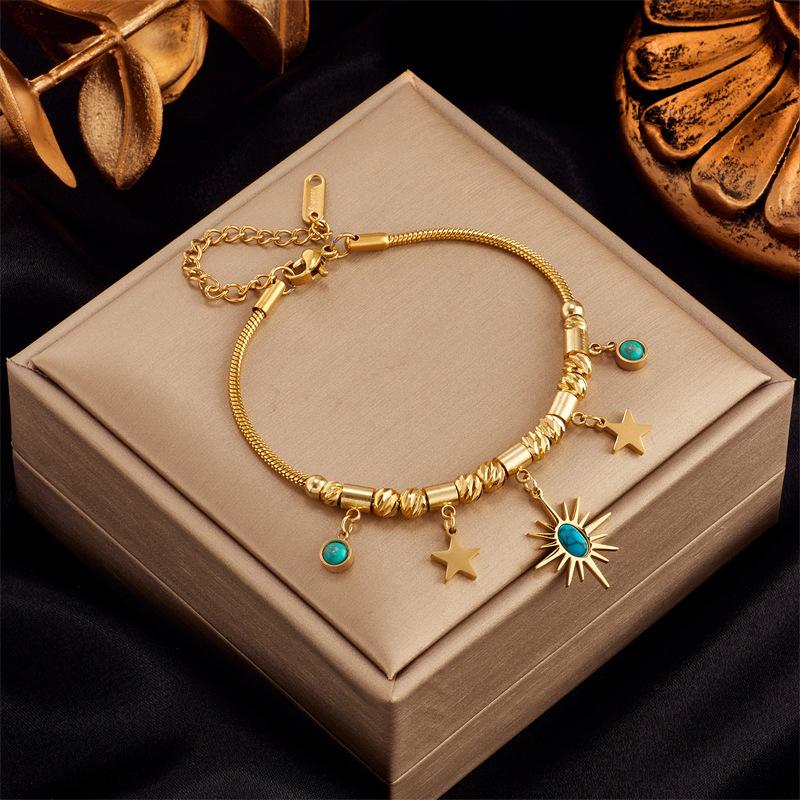 

[Titanium Steel Colorfast Geometric Turquoise Oval Sun Star Pendant Charm Bracelet] золотой