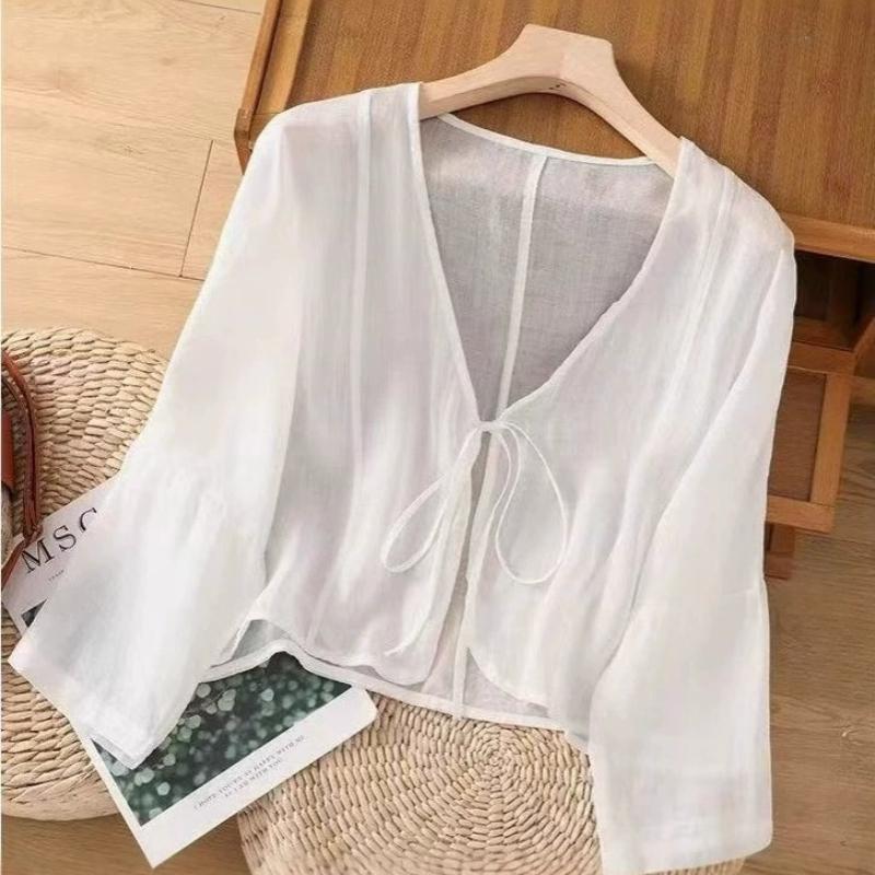 Retro Artistic V-Neck Cotton Linen Belted Open Sun Protection Summer Pure Color Outer Thin Linen Shirt Women's Top