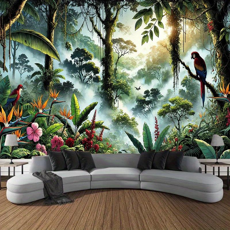 2D Flat,Tropical Rainforest Jungle Parrots Ferns Misty Trees Wildlife Scene Tapestry Safari Wall Art Living Room Decor Lush