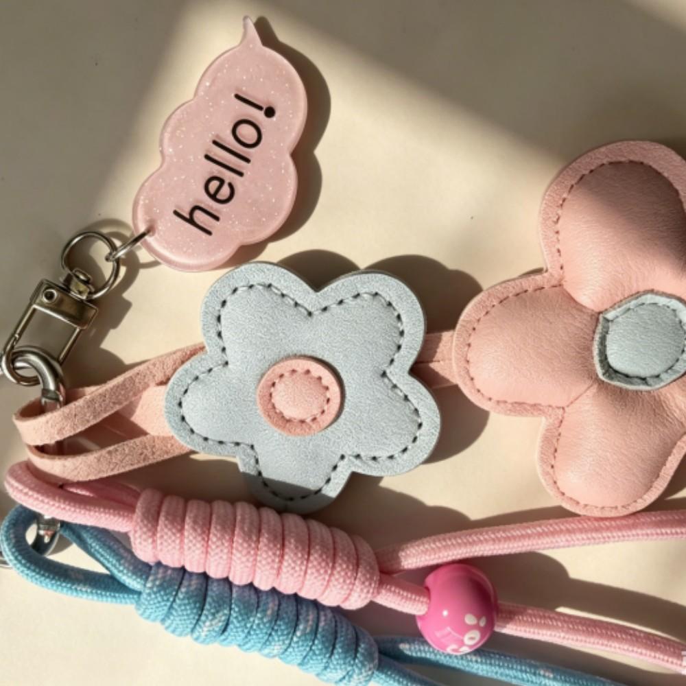 Bag Charm Pink & Blue Flower Leather Bag Charm , Braided Cord & Acrylic Pendant, Cute Pastel Accessory for Women Bags & Keys