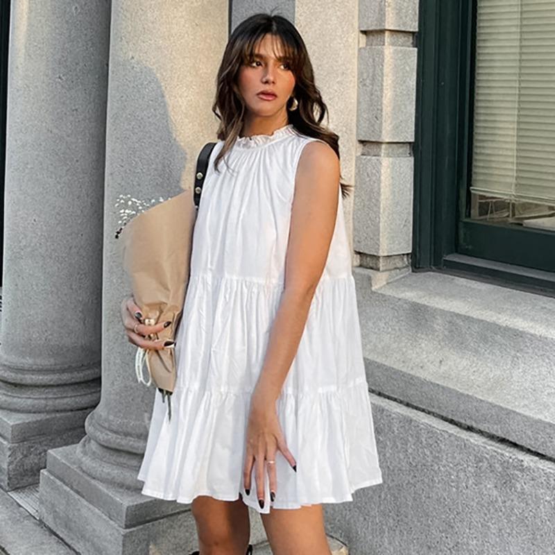 

Женственное темпераментное платье на шнуровке, простое платье, весна-лето, свободное платье А-силуэта без рукавов, для работы M белый