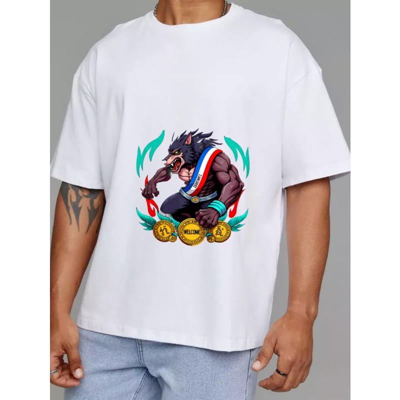 White T Shirt Wolf Mascot with Medals and Welcome Text Casual Wear for Men