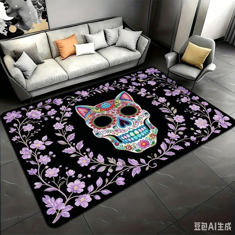 Newest Colorful Floral Sugar Skull Large Area Rug Non Slip Gothic Living Room Floor Carpet