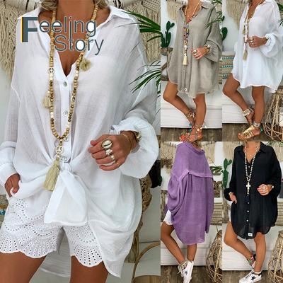 Lněná košile větší velikosti s dlouhým rukávem Ženy Bílá košile s knoflíčky Volná Bavlněná halenka Dámské topy a halenky Košile Blusas