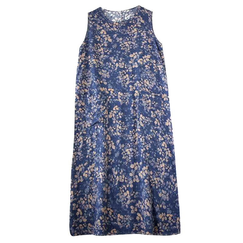 Retro Floral Cotton and Linen Halter Dress - Stylish Loose Lightweight Sleeveless Blouse-style Dress for Women