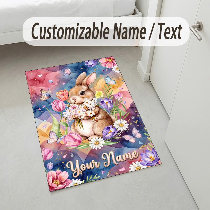Easter Bunny Theme Crystal Velvet Rug Personalized Custom Name Text Soft Floor Mat Home Decor