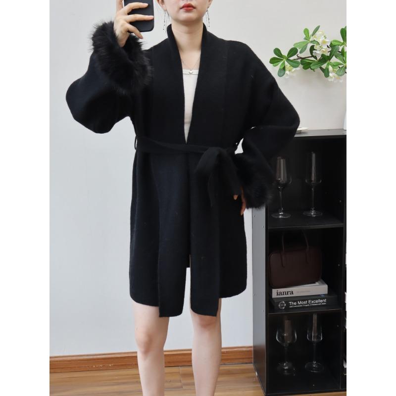 Thickened splicing wool sleeve lace-up knitted cardigan autumn and winter new temperament high-end sweater jacket women