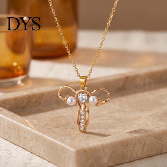 Uterus Pendant Necklace Gynecologist Necklace, Feminist Medical Symbol Obstetrician Statement Dainty Faux Pearl Jewelry with Rhinestones for