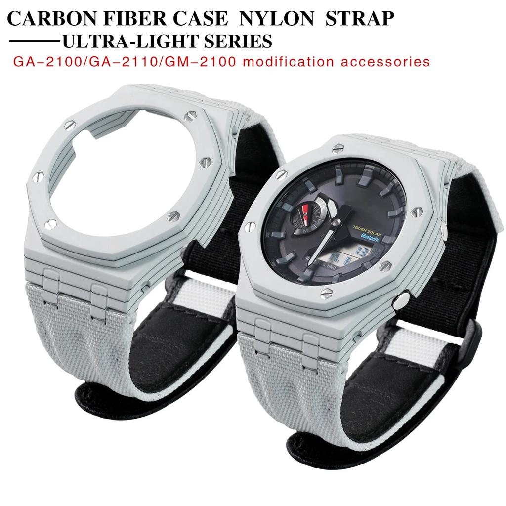 GA-2100 Carbon Fiber Case & Nylon Strap Set for Casio GA2100/2110/B2100/GM2100/GBM2100-Shock Resistant Watch Mod Kit Accessories