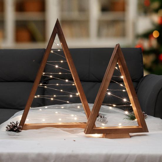 2Pcs Wooden Christmas Tree Ornament with LED Light Farmhouse Rustic Glowing Xmas Tree Table Sign Home Office Desktop Triangle Decoration