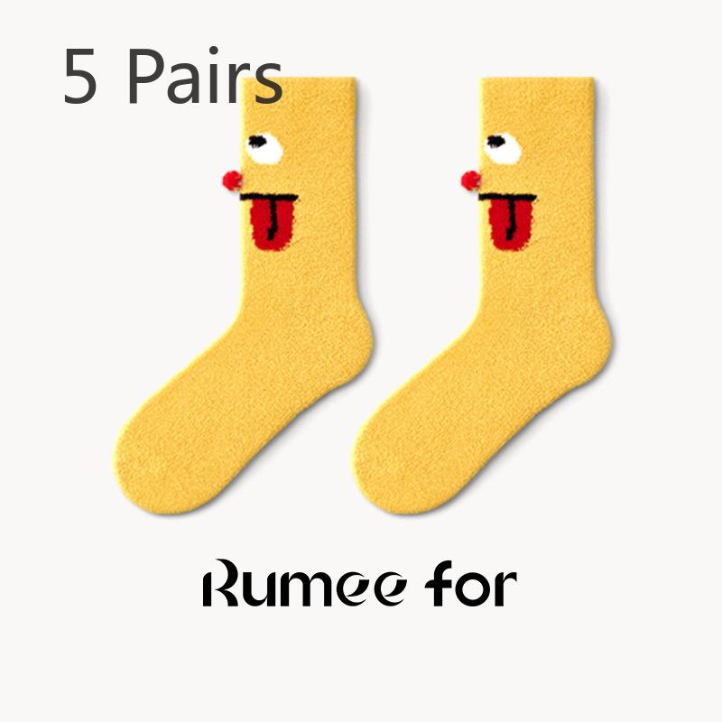 

5 пар толстых и флисовых теплых, милых и забавных носков до середины икры для женщин на осень и зиму 5 Pairs жёлтый