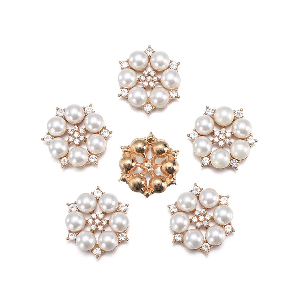 5PCS Pearl Flower Rhinestone Buttons Sparkling Crystal Hairpins Decoration Clothes Buttons DIY Crafts Apparel Sewing Accessories