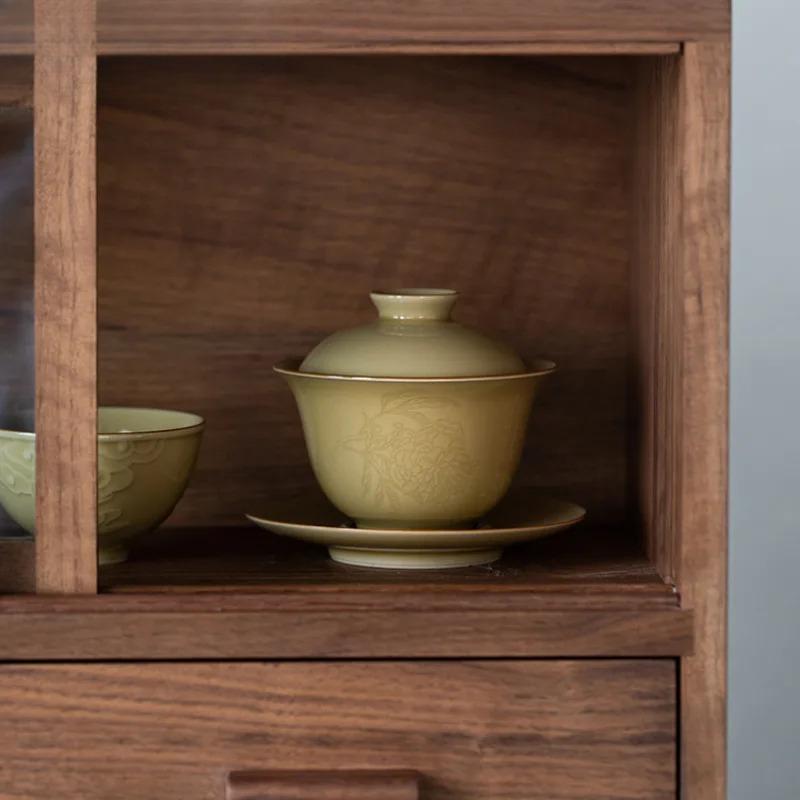 150ml Ding Kiln Yellow Folded Branch Handmade Relief Gaiwan Handmade Tea Tureen Bowl With Lid Kit Maker Cover Bowl Tea