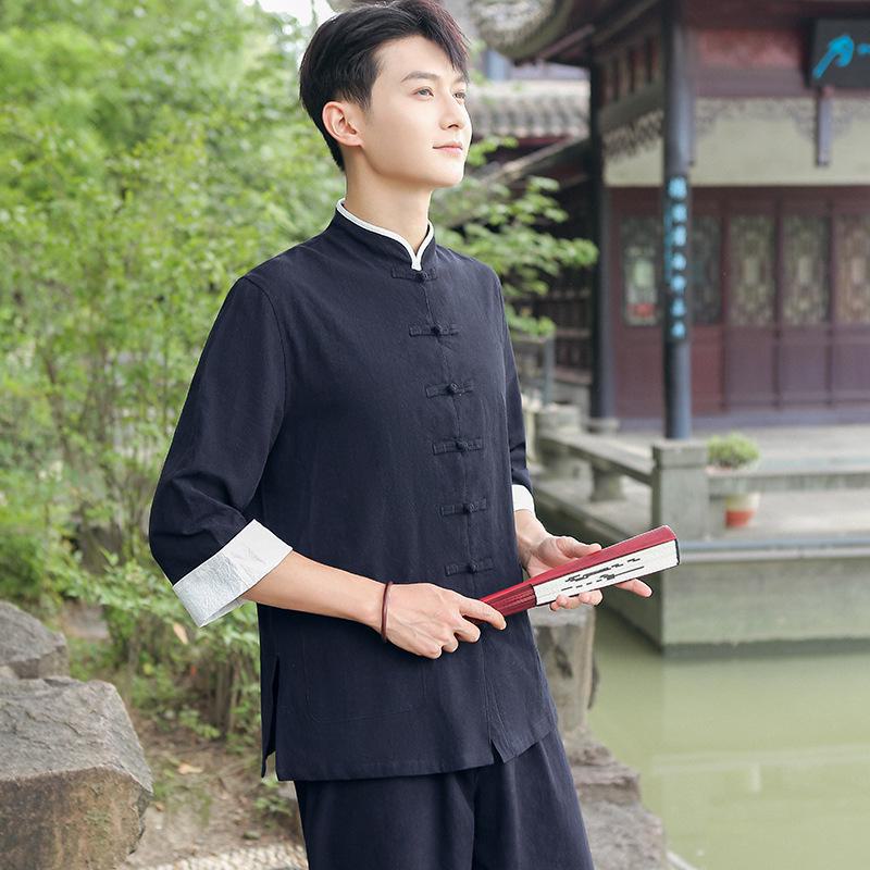 

Мужская льняная рубашка в китайском стиле: Костюм Тан Весна, Лето, Осень XL чёрный