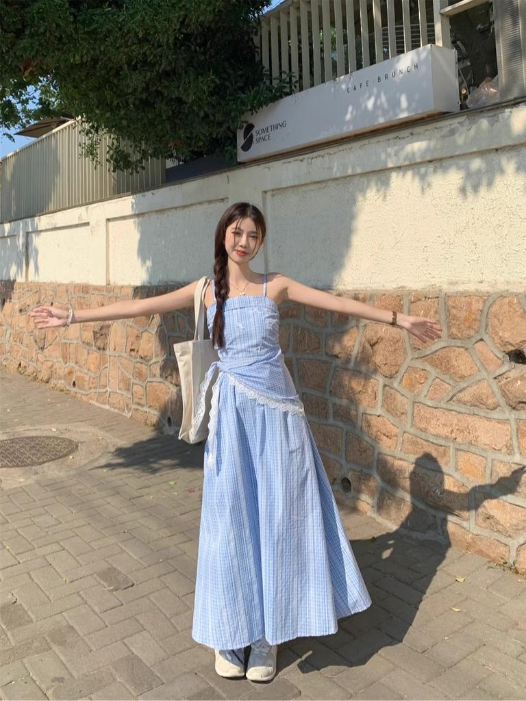 [Original practice] Blue plaid tube top suspender dress women's summer French feeling waist and thin skirt