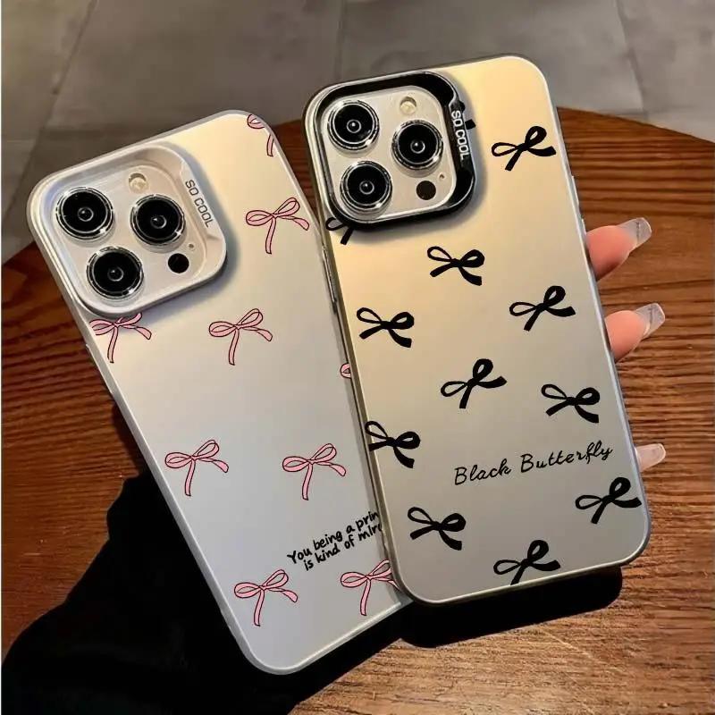 Sweet Cool Pink Black Bowknot Frosted Case for iPhone 17 Air 16 E 15 14 Plus 13 12 Mini 11 Pro Max Acrylic Hard Silicone Cover
