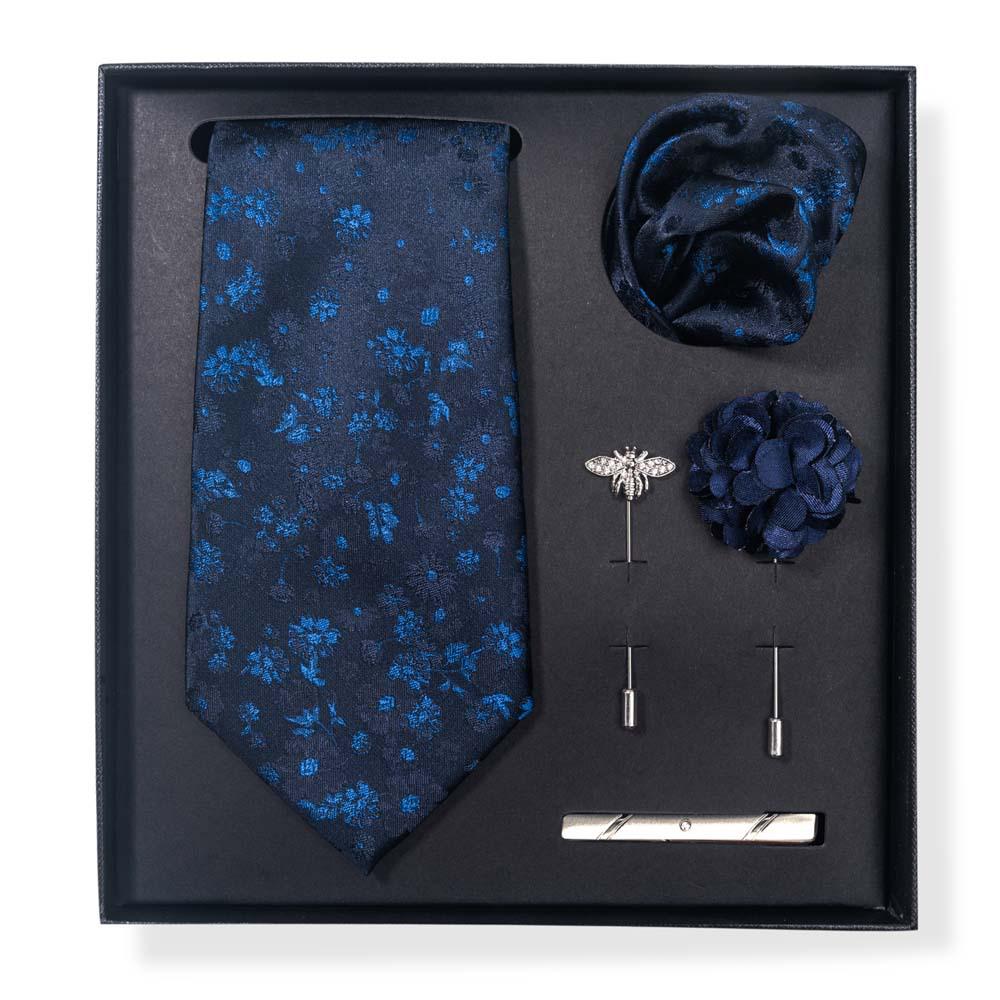 Paisley-Blumen-Krawatten-Geschenkset: Enthält Krawatte, Einstecktuch, Manschettenknöpfe, Ansteckblume und Krawattennadel in einer sechsteiligen Schachtel