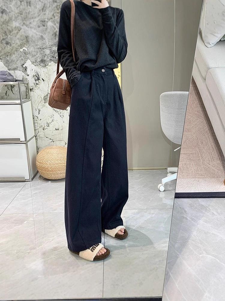 Soft Satin Denim: Women's Warm Wide-Leg Fleece Pants for Autumn/Winter - Stretchy, Thickened, Slimming, Straight Leg.