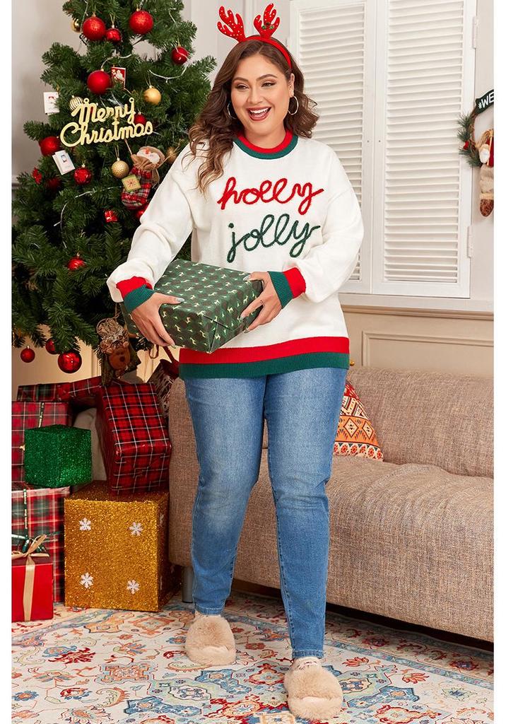 2025 Winter Plus Size Women's Color Block Thick Sweater - European American Fashion Round Neck Pullover