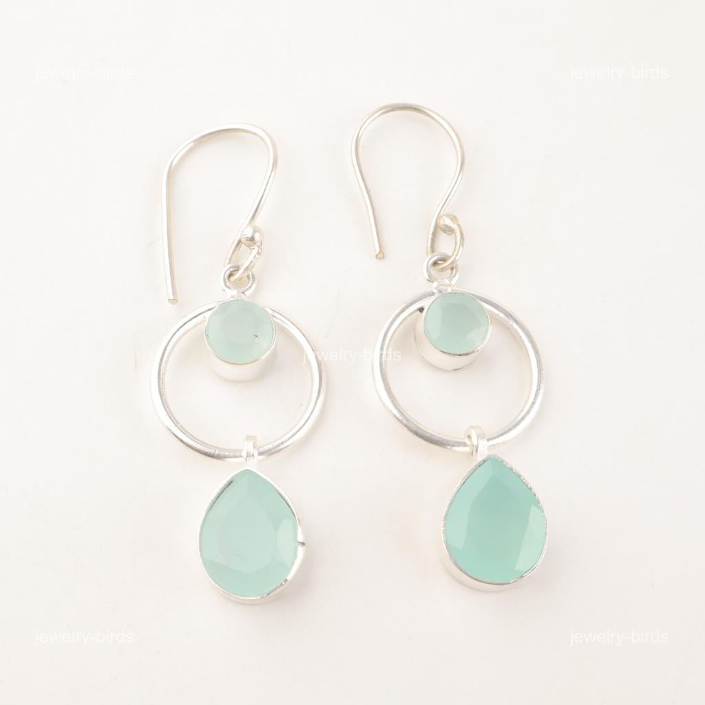 Aqua Chalcedony Gemstone Sterling Silver Drop Dangle Wedding Earrings Jewelry EE-140-6