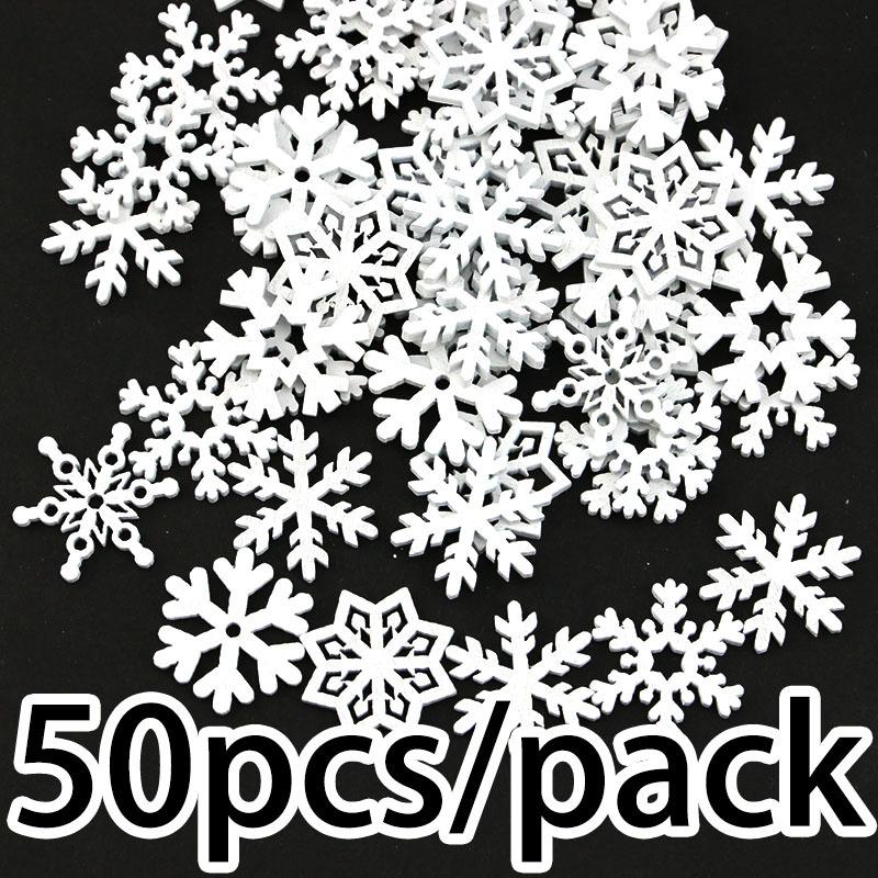 (50 Pieces) Christmas Snowflakes, Multicolored Wooden Pieces, Mixed Shapes, Wooden Snowflakes, Christmas Decorations, Pendants,
