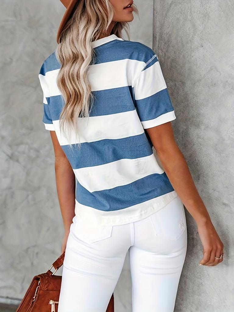 Women's Summer Striped Print Round Neck Casual T-shirt