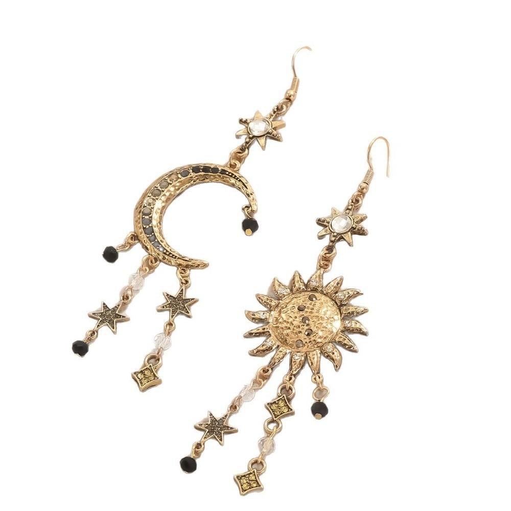 Sun Moon Stars Bohemian Dangle Earring Sparkling Rhinestone Metal Asymmetrical Pendant Earrings Long Tassel Tassel Drop Earrings