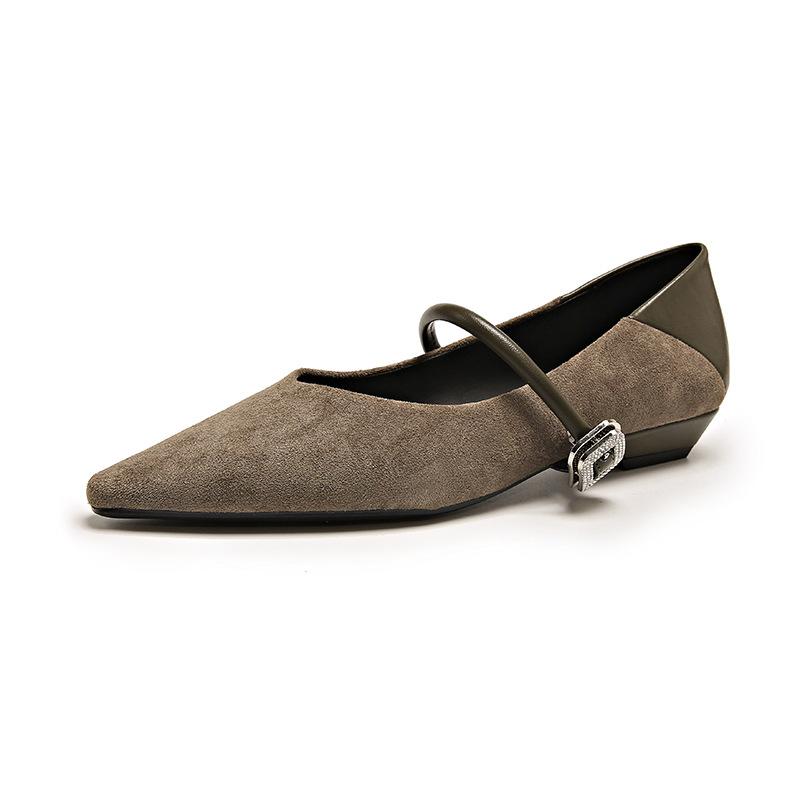 Fashion Elegant Wedge Heel Mary Jane Shoes Women Sexy Pointed Toe Metal Buckle Strap Design Flats Comfortable Faux Suede Women Footwear
