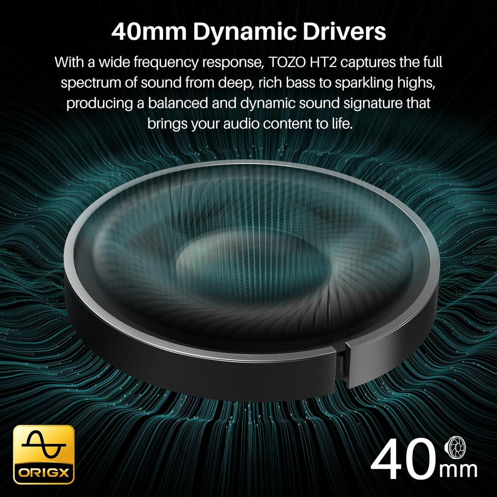 TOZO HT2 Wireless Audio 40mm Dynamic Bluetooth AUX Wired Noise Cancelling Headphones with Up To 38dB Noise Up To 60 Hours of Continuous App Custom EQ