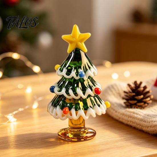 Small Christmas Gift for Home Handmade Glass Mini Tree Figurine, Blown Tabletop Ornament with Festive Holiday Decoration Star Topper, Desktop