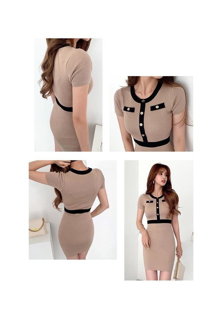 Korean Style Women's Round Neck Short Sleeve Knit Dress with Nail Button Color Blocking, Summer 2026 Bodycon Dress 6093.